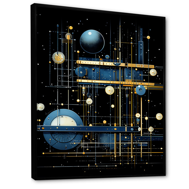 «Blue Temporal Trajectory», art mural géométrique, Cadre flottant noir, H 40 po x l 30 po x P 1,5 po