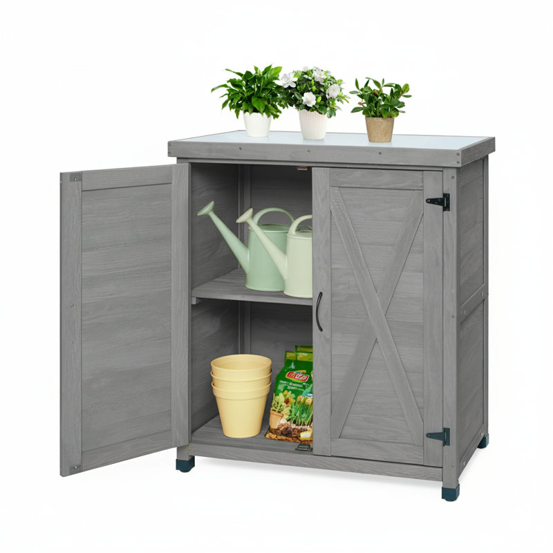 Banc d'extérieur en bois massif avec armoire de rangement et plateau de table en métal Fritz, Gris