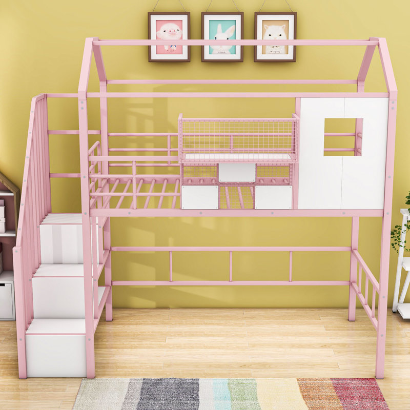 Lit mezzanine simple en métal avec toit, Rose