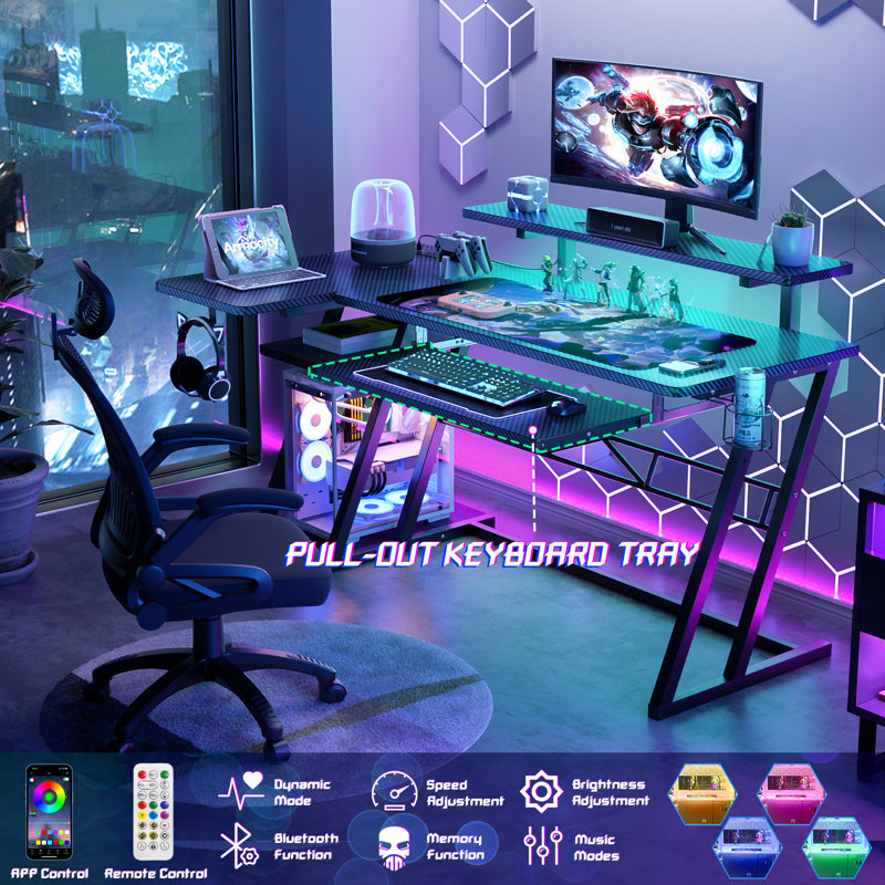 Carbon Fiber Black L-Shaped Gaming Desk with Monitor Stand and LED Lights