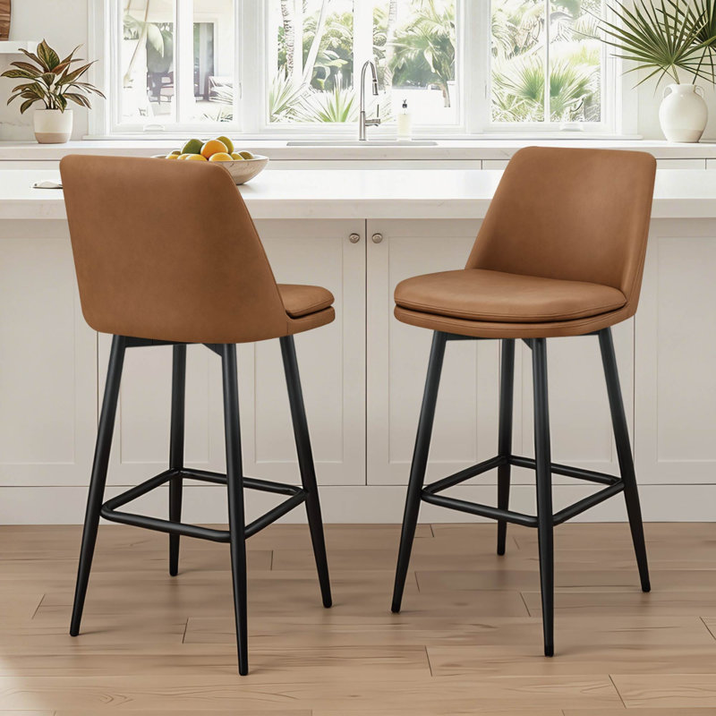 Tabouret tournant Mid-Century, hauteur de bar, base noire , Bar Stool (30.3" Seat Height), Similicuir brun
