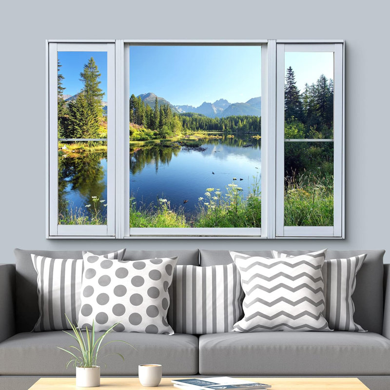 Fenêtre de paysage «Window View Spring Spring Blooming Flower Lake Forest Nature Scenic Landscape» sur toile