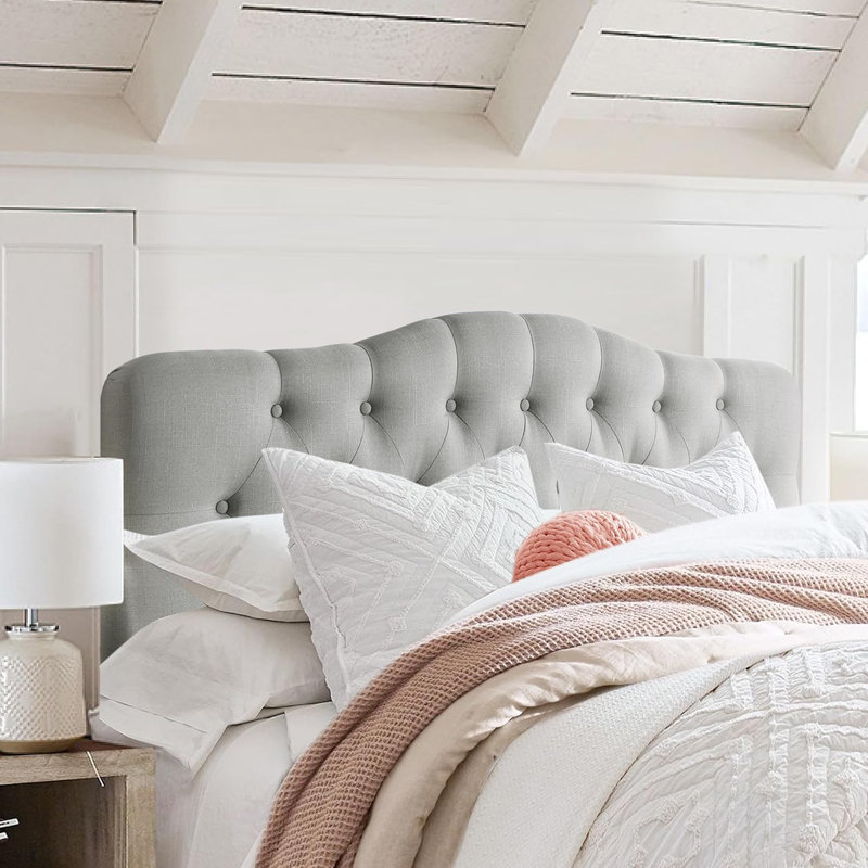 Linen Upholstered Headboard-Modern-Adjustable Height-Button Tufting, Gray, Queen