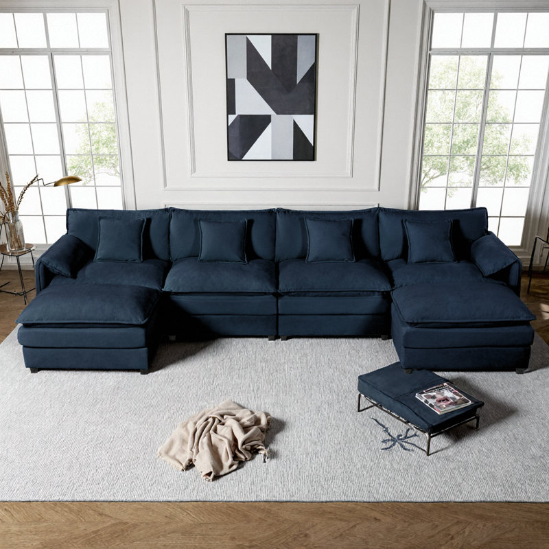 Canapé modulaire gris en chenille modulaire en U avec 2 repose-pieds et sièges profonds, Bleu