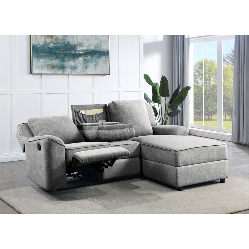 Gray Linen Sectional Sofa With Dropdown Table