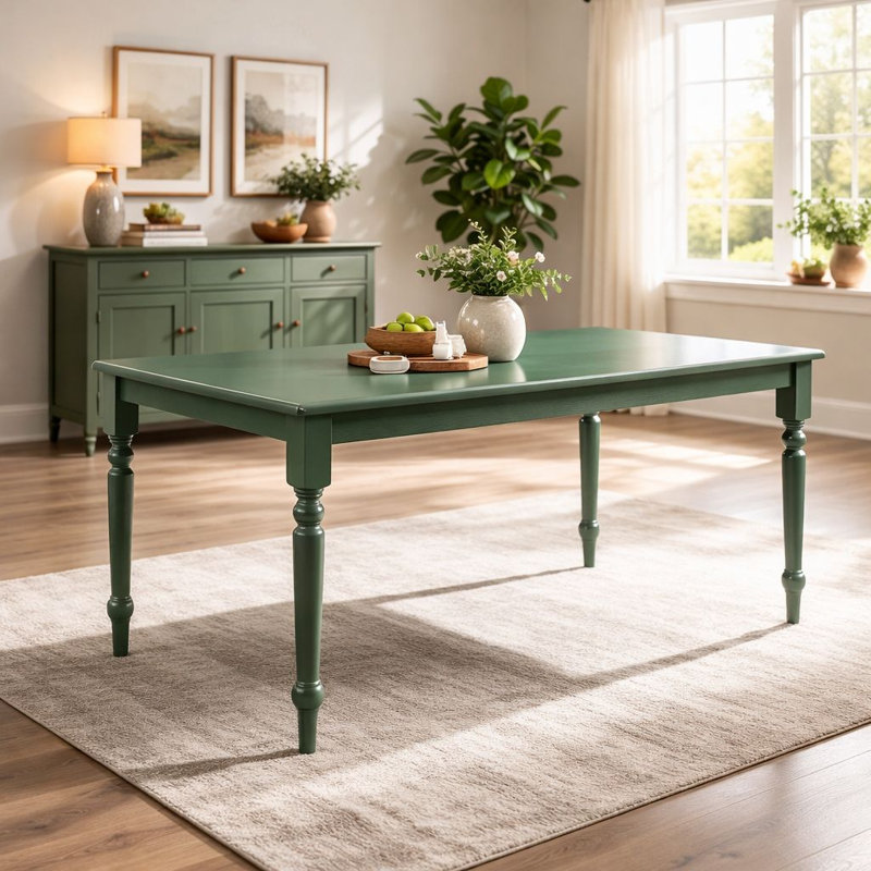 Bella Rubberwood Rectangular Solid Wood Top with Solid Wood Base Dining Table, Equestrian Green