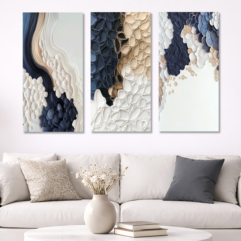 Aqua Sea Underwater River - Art mural encadré abstrait 3 pièces, Toile tendue, H 32 po x l 48 po