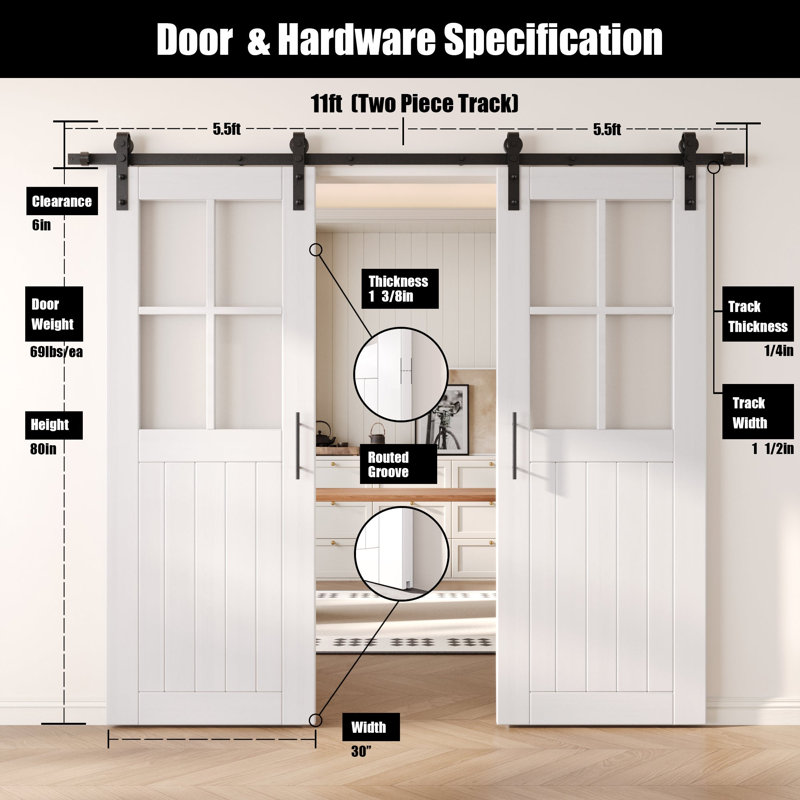Portes de grange en verre givré non assemblées et finies avec trousse de quincaillerie d'installation non encastrée Homacer de 30 po x 80 po Homacer
