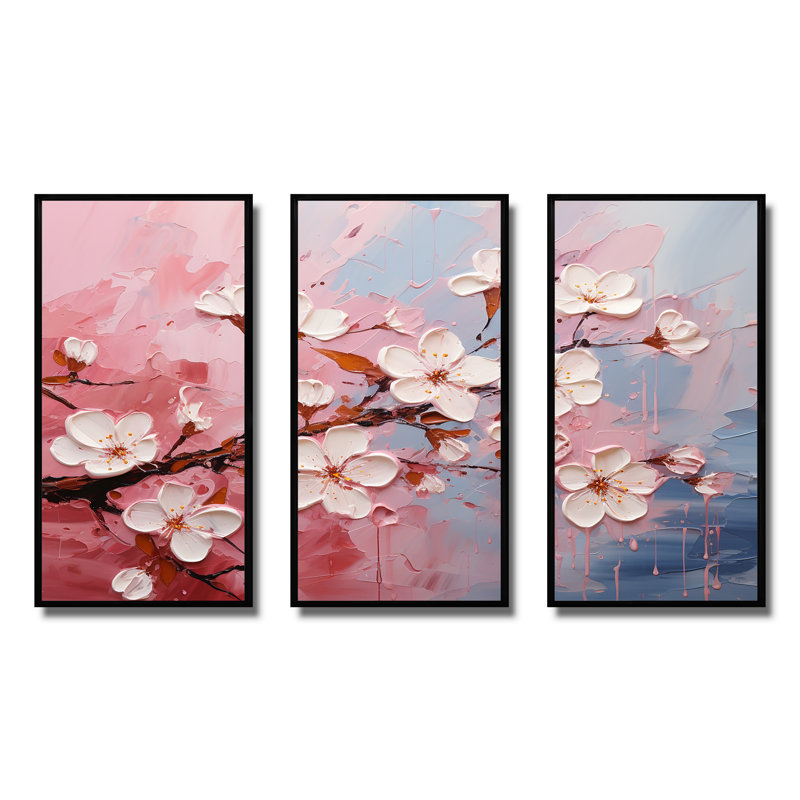 Cerisier blanc et rose Bloom III - art mural cerise, H 40 po x l 60 po x P 1 po, Cadre flottant noir