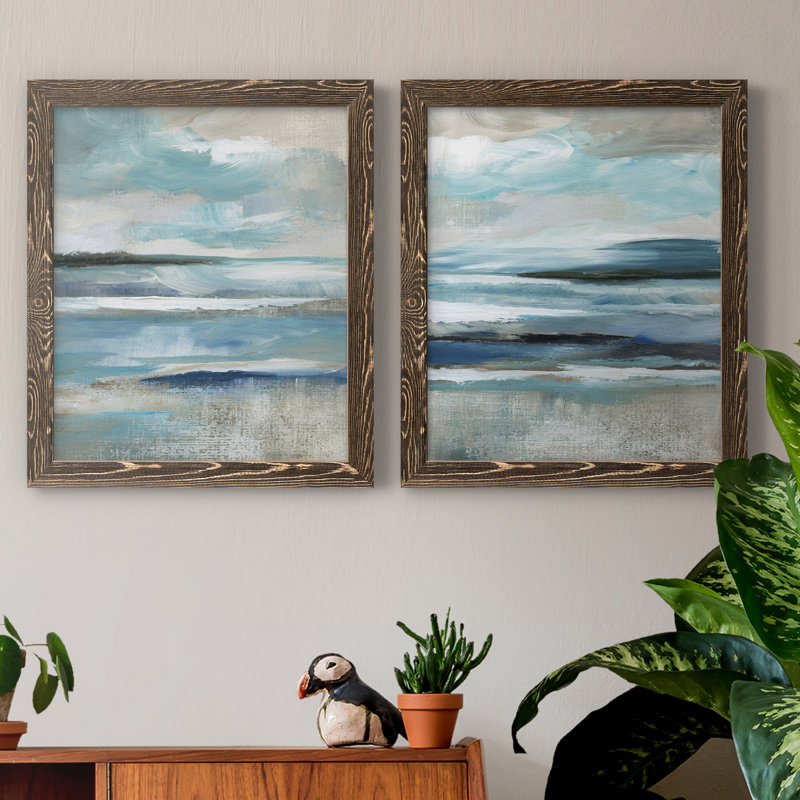 «Distant Drama I», ensemble de 2 peintures sur toile encadrées, Encadré de bois de noyer, H 37,5 po x l 55 po x P 1,5 po