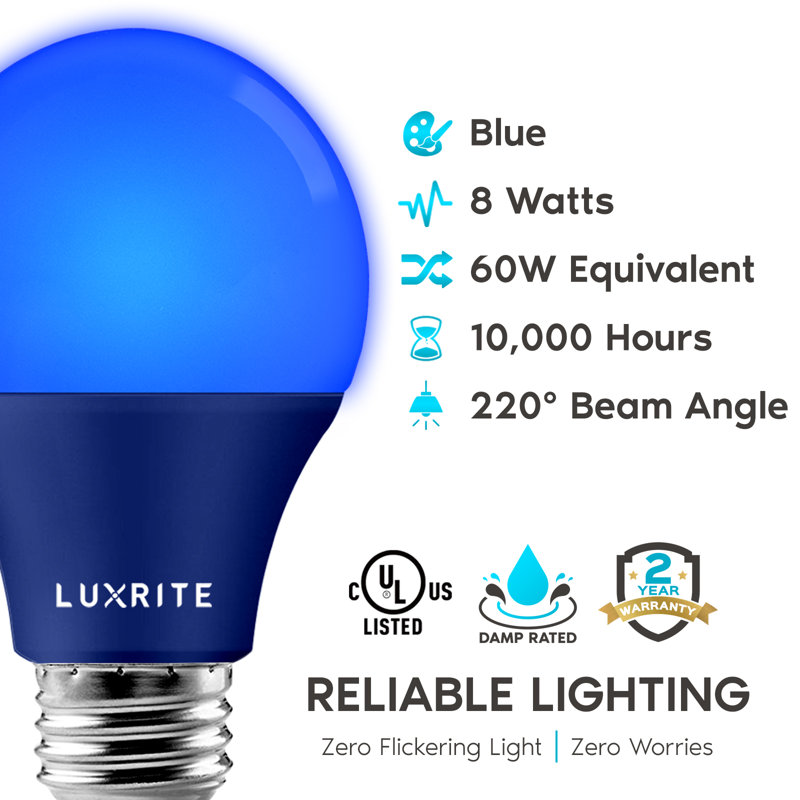 Ampoule DEL Luxrite A19 à DEL bleue de 60 W, non-intensité variable et homologuée UL