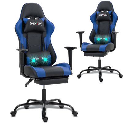 Reclining Gaming Chair with Footrest & Massage Lumbar Support, Ergonomic High-Back Racing Office Chair, PU Leather Computer Desk Chair with Head Pillo by Inbox Zero