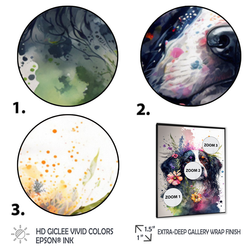 «Cute Dog FloralI», impression sur toile, Cadre photo noir, H 20 po x l 12 po x P 1 po
