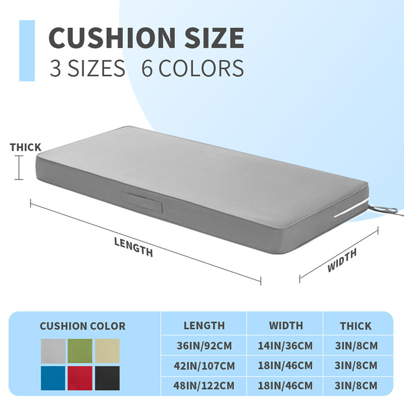 Outdoor bench cushion, waterproof and fade-resistant balcony cushion with a non-slip bottom and ties; the bench comes with a removable cover,dimensions:36" x 14" x 4" ，gray