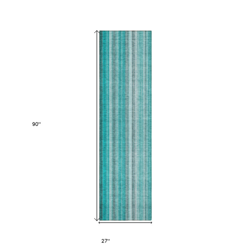 8' Runner Teal and Gray Striped Washable Non Skid Indoor Outdoor Runner Rug