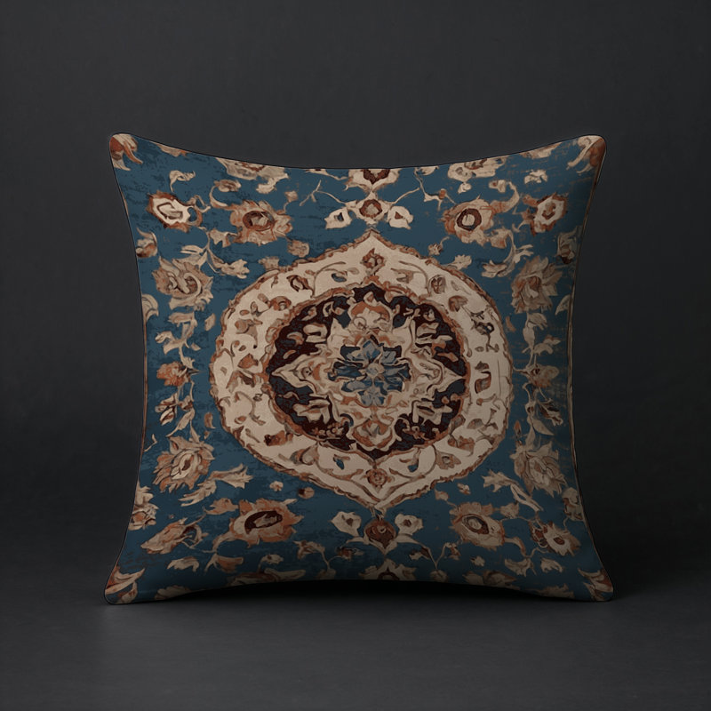 Coussin décoratif intérieur et extérieur Modern, Carré 16 po, Bleu marine / brun clair / beige damassé