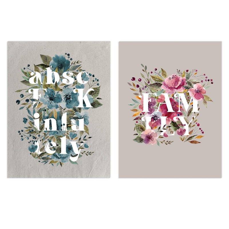 Family Boho Flowers And Floral Pink And Blues Modern - 2 Piece No Frame Print Set, 40.5cm H x 30.5cm W x 0.3cm D