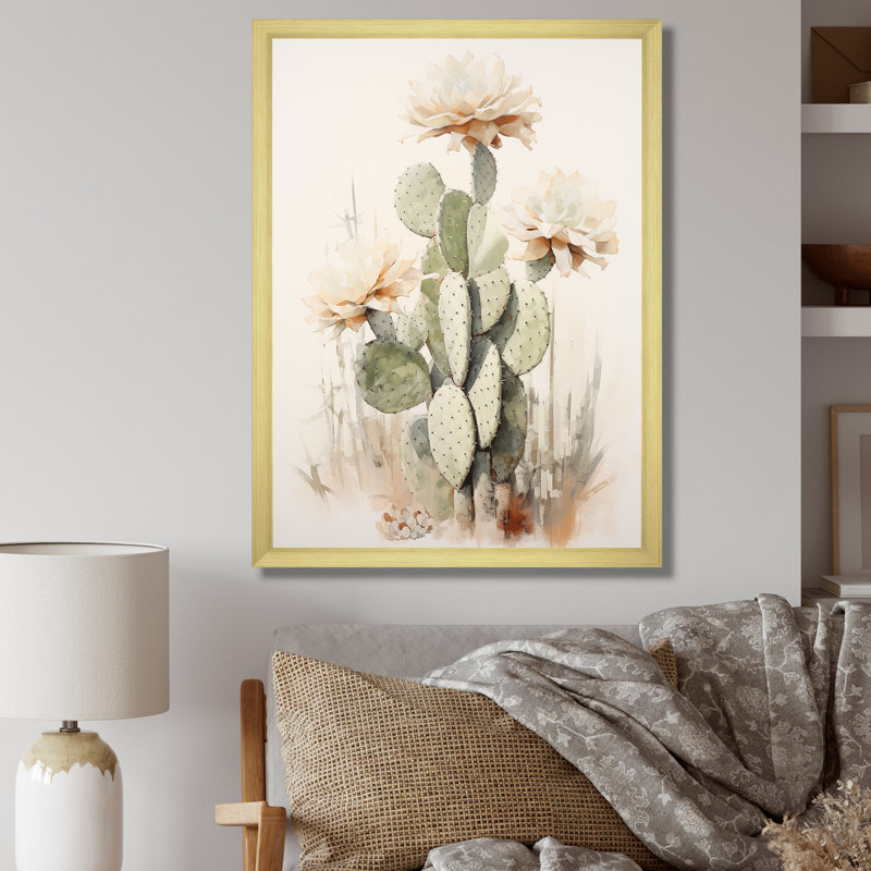 Cactus minimaliste beige et vert I sur toile, H 40 po x l 30 po x P 1,5 po, Cadre doré simple