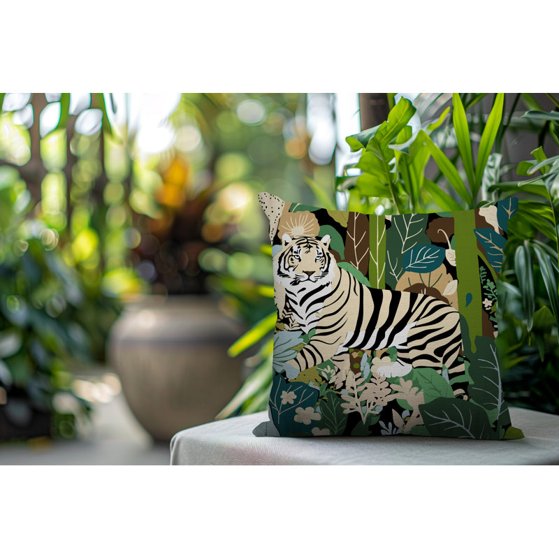 Oreiller carré réversible intérieur / extérieur Kyo Tiger, Carré 19 po, Émeraude