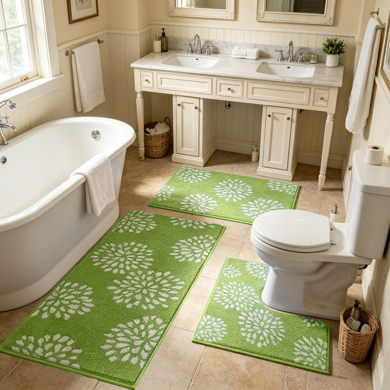 Ensemble de tapis de salle de bain à motif floral en flocons vert 3 pièces antidérapant, GN