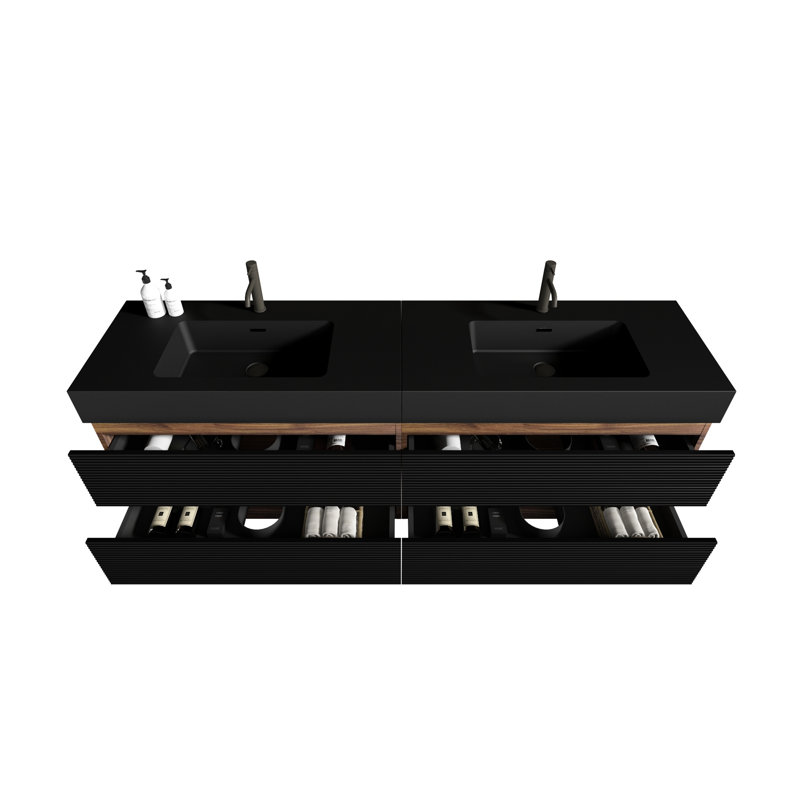 Meuble-lavabo moderne avec deux lavabos doubles de 72 pouces, tiroirs noirs doux, panneau de grille, épissage de couleur noyer, panneaux de qualité E1, laque à base d'eau E0, comptoir, lavabo en granit intégré, trop-plein
