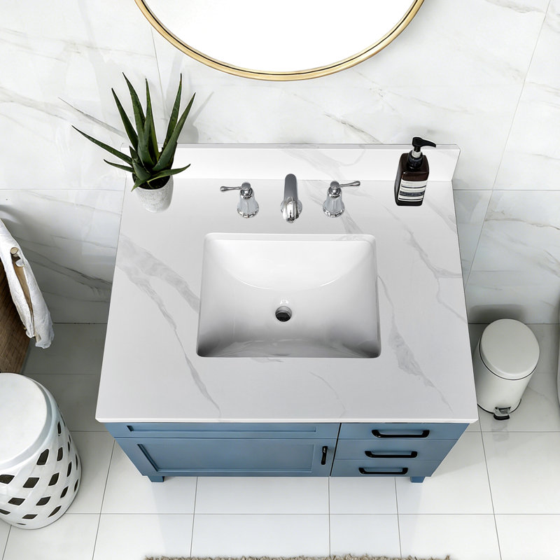 Comptoir de salle de bain en quartz 31 po avec lavabo simple, 4 dosserets hauts, 3 trous de robinet pré-percés, teinture, style moderne pour meuble-lavabo blanc rafraîchissant, projet de remodelage de la chaleur sous le comptoir