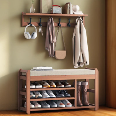 Banc à chaussures en bambou avec coussin et portemanteau, banc de rangement réglable à 3 niveaux de 39,4 pouces pour le vestibule, range-chaussures robuste avec coussin souple amovible, rangement pour chaussures de couloir avec 6 crochets