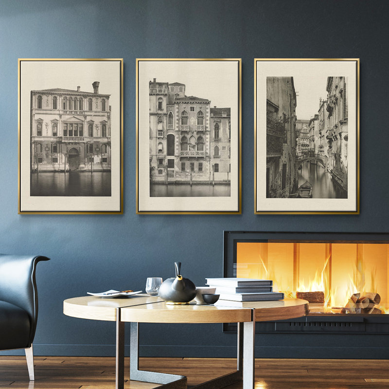 "Vintage Views of Venice I", ensemble de 3 pièces encadrées sur toile, Or, H 40 po x l 78 po