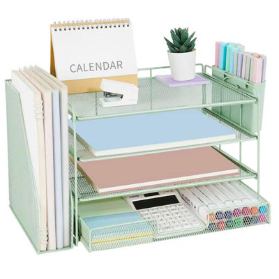 Organisateur de bureau à 4 niveaux, tiroir et 2 porte-stylos pour dossiers