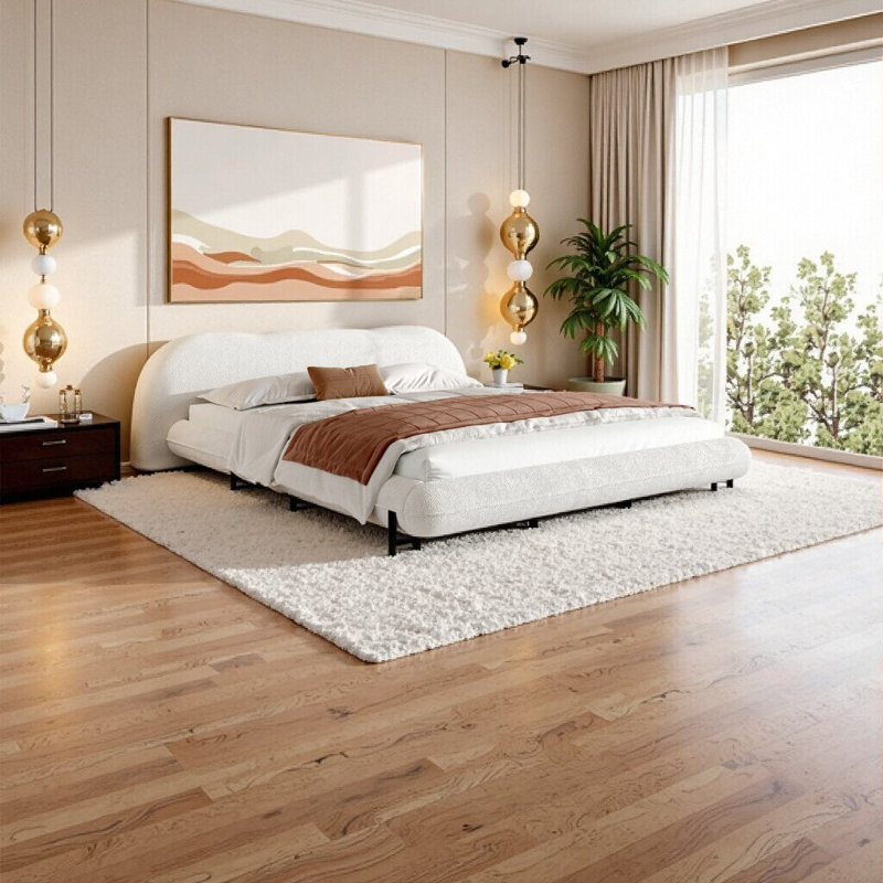 Élégante structure de lit très grand en tissu Boucle avec tête courbée et tête de lit moelleuse - blanc, Très grand lit