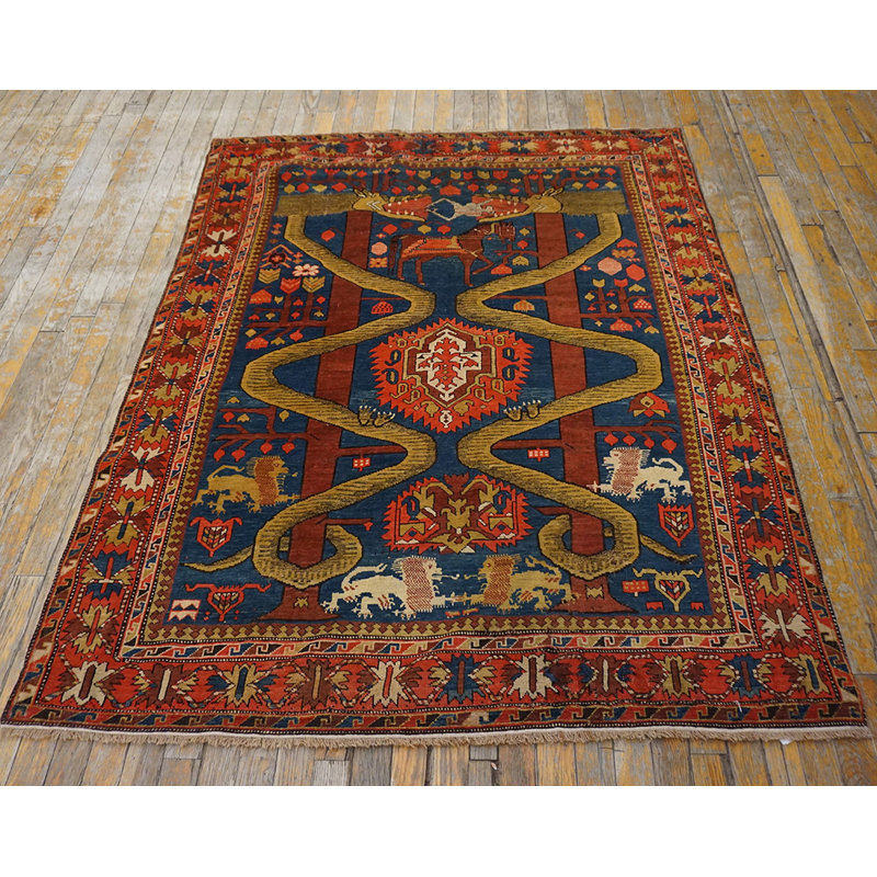 Antique Caucasian Geometric Medallion Wool Hand Knotted Pile Blue 1890s Rug
