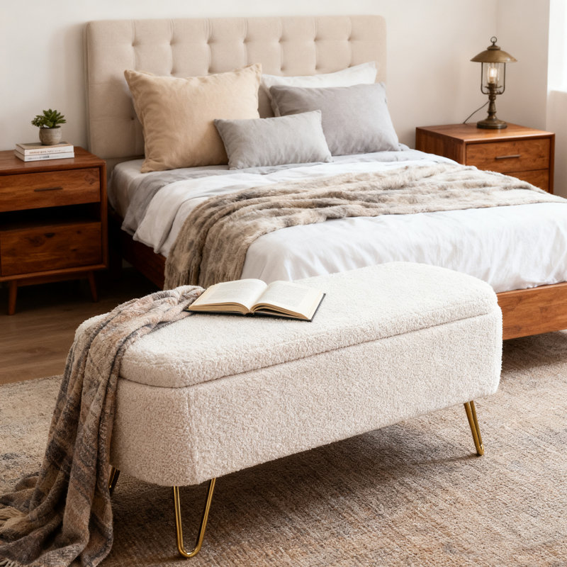 Banc de rangement avec repose-pieds Modern End, Blanc, crème