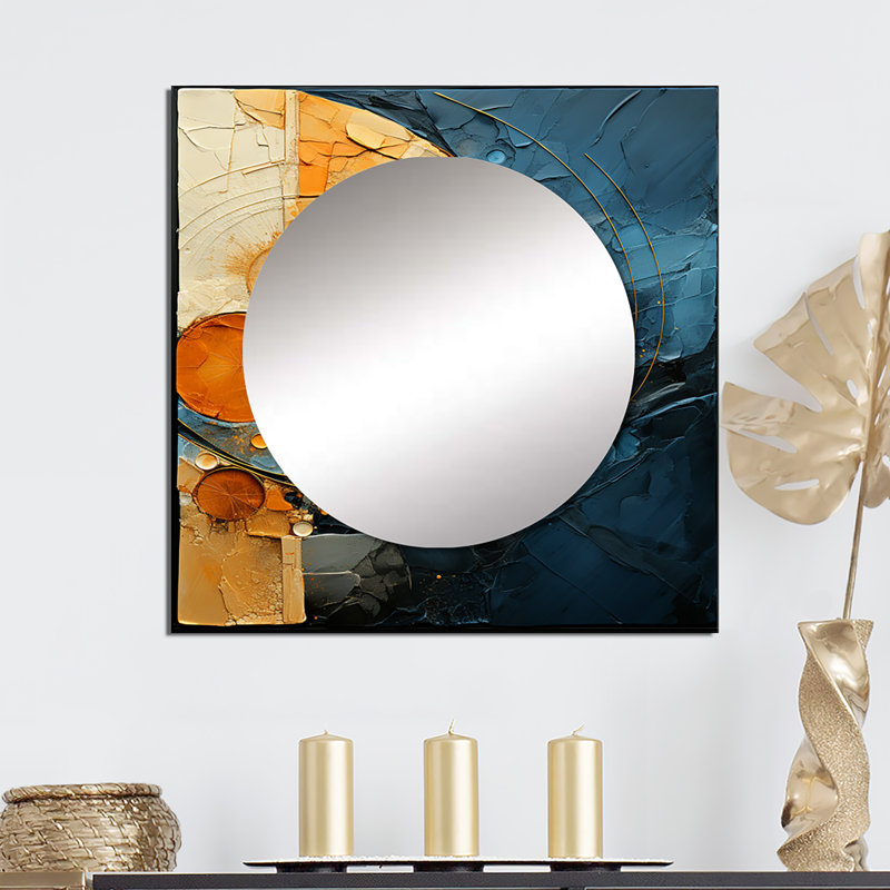Or bleu sarcelle abstrait spirales I - grand miroir carré abstrait pour décoration murale, 23 po x 23 po