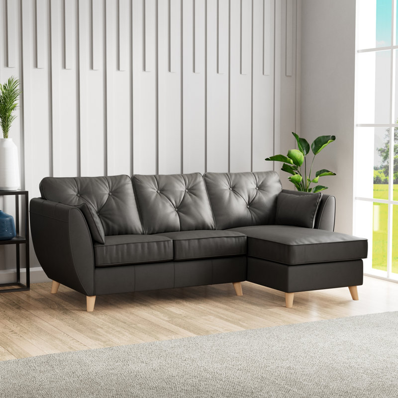 Hoxton 3 Seater Leather Maxi Sofa Chaise, Right Hand Facing, Raven, Light Wood