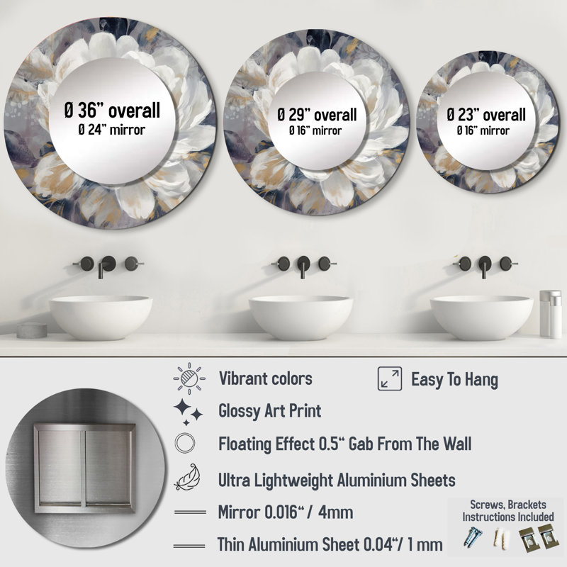 «Hallagan Emotion of White Gold Peony Flower I», miroir mural unique et moderne, impression sur métal, 29 po x 29 po