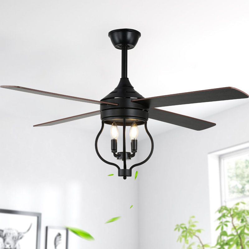 Ventilateur de plafond de style campagnard à cage 48 po Kahliel, Noir, Noir