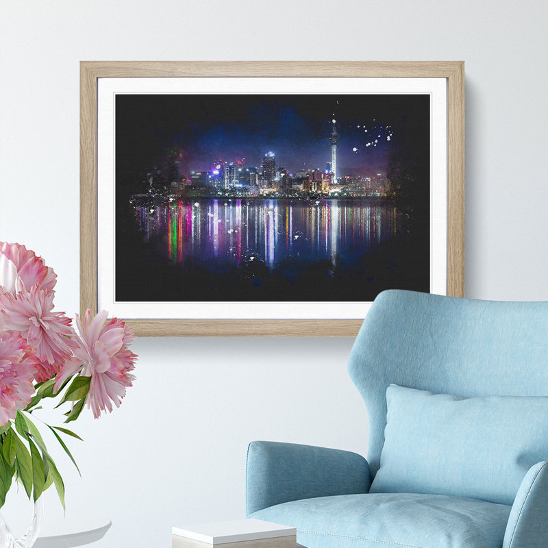 Reflections Of The Auckland Skyline - Picture Frame Graphic Art, Oak Framed, 24cm H x 33cm W x 2cm D