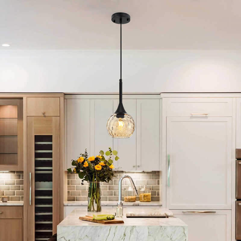 1-Light Pendant Light Fixtures Over Island With Amber Glass Shade, Amber
