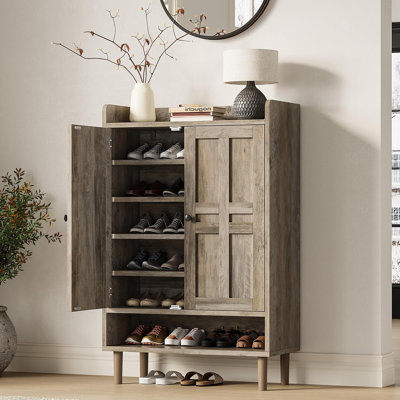 Farmhouse Tall Shoe Cabinet – Holds 20+ Pairs, 3 Adjustable Shelves, Wood Grain Finish with Vertical Panel Doors – Anti-Tip Kit for Entryway or Hallway