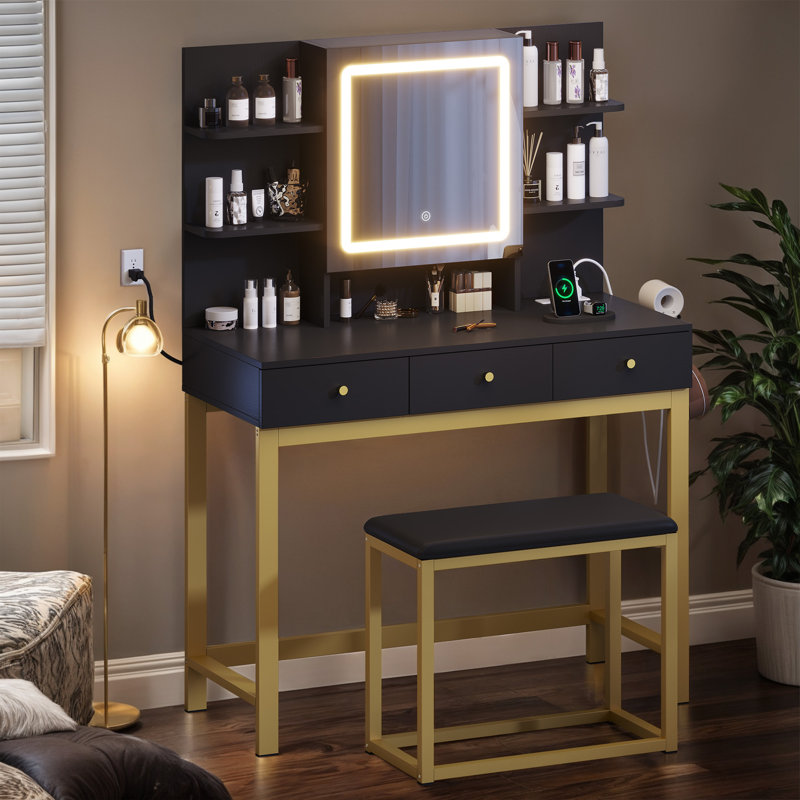 Ensemble coiffeuse 39,3 "avec miroir lumineux et prise de courant Elbertine, Noir