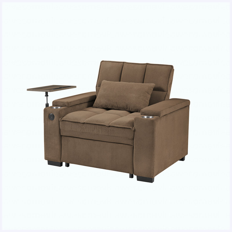 Coffee Single Sleeper Sofa Bed with 6-Position Adjustable Backrest, USB Ports, Cup Holder & Swivel Side Table