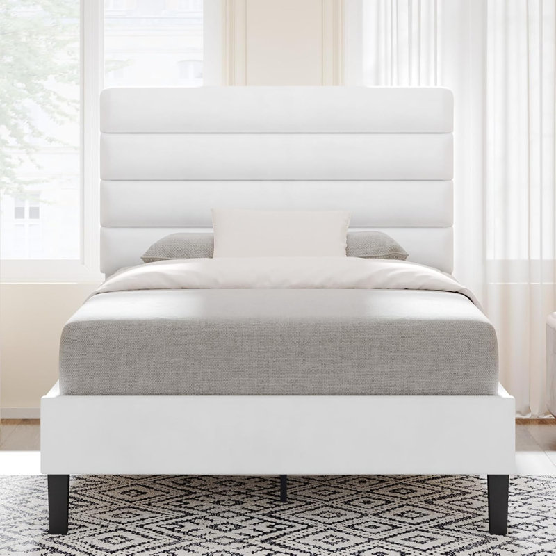 Cadre de lit avec tête de lit, cadre de lit plateforme avec tête de lit tapissier en velours, Simple, Blanc