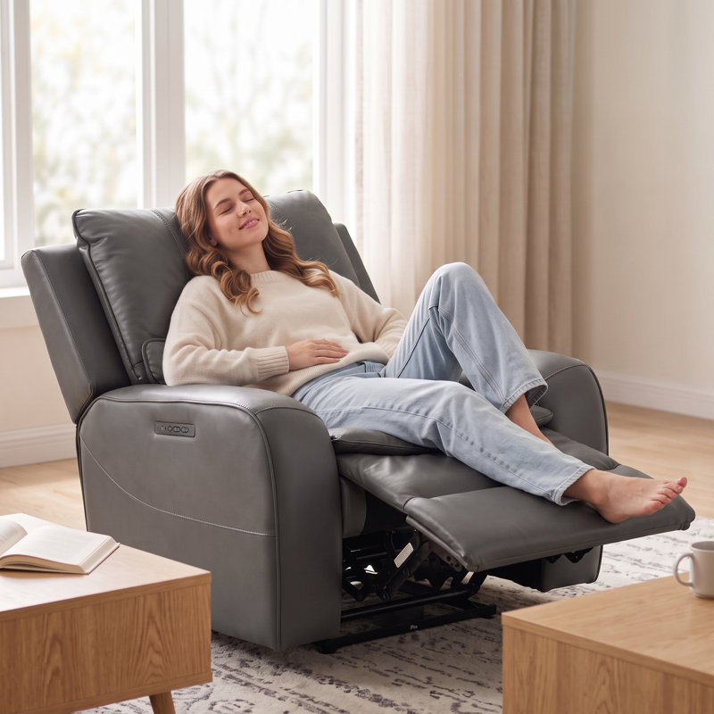 Très grand fauteuil inclinable électrique en similicuir de 48,5 po avec repose-tête réglable, Similicuir gris