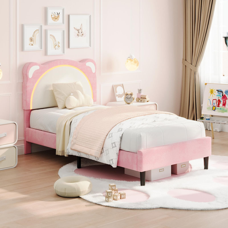 Twin XL Kids Bed Frame with Adjustable Headboard & LED Lights, Wooden Slats Support, No Box Spring Needed, Twin XL, Pink