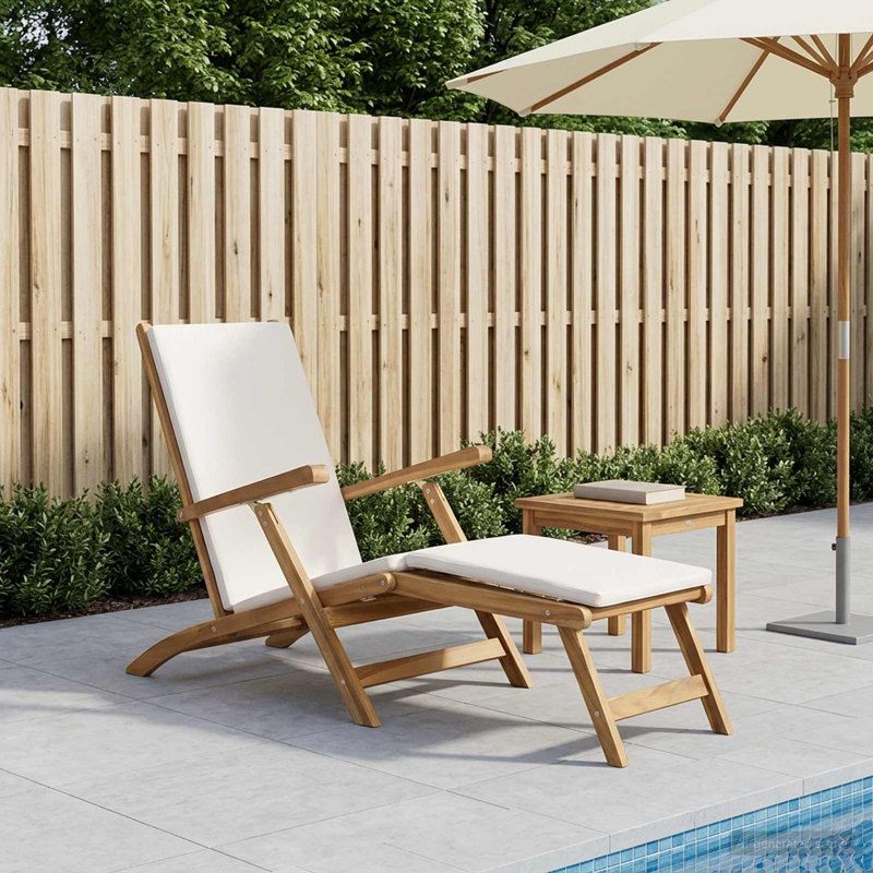  Folding Deck Chair with Cushion with Cushion Solid Teak Wood Reclining, White