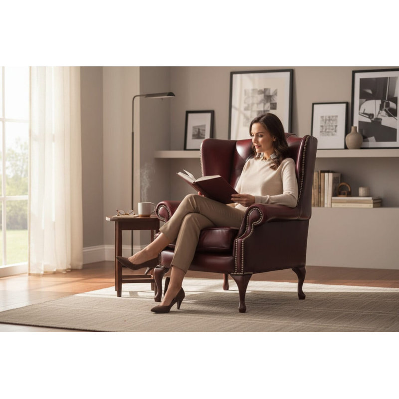 Upholstered Full Grain Leather Wingback Chair, Antique Oxblood