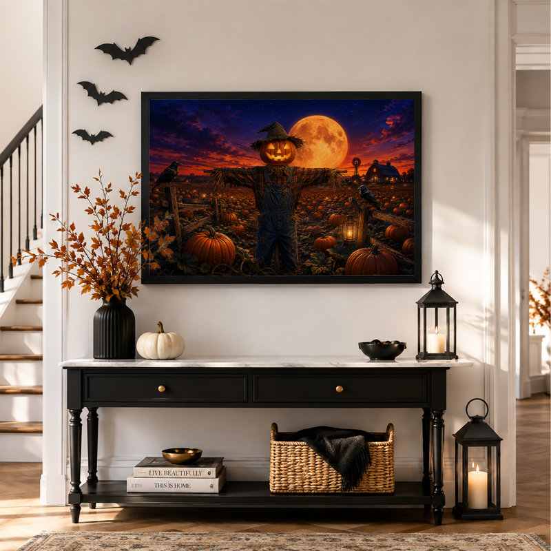 Épouvantail à tête de citrouille dans un champ de citrouilles - Toile murale d'Halloween, H 20 po x l 30 po