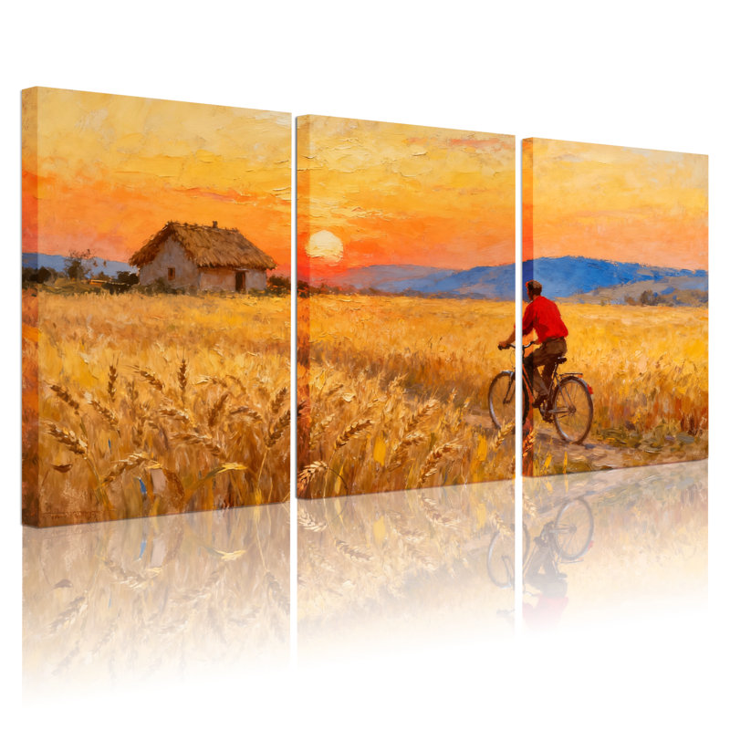 Scénario et paysages urbains, champ doré, coucher de soleil à vélo, montagnes, ensemble de 3 impressions sur toile