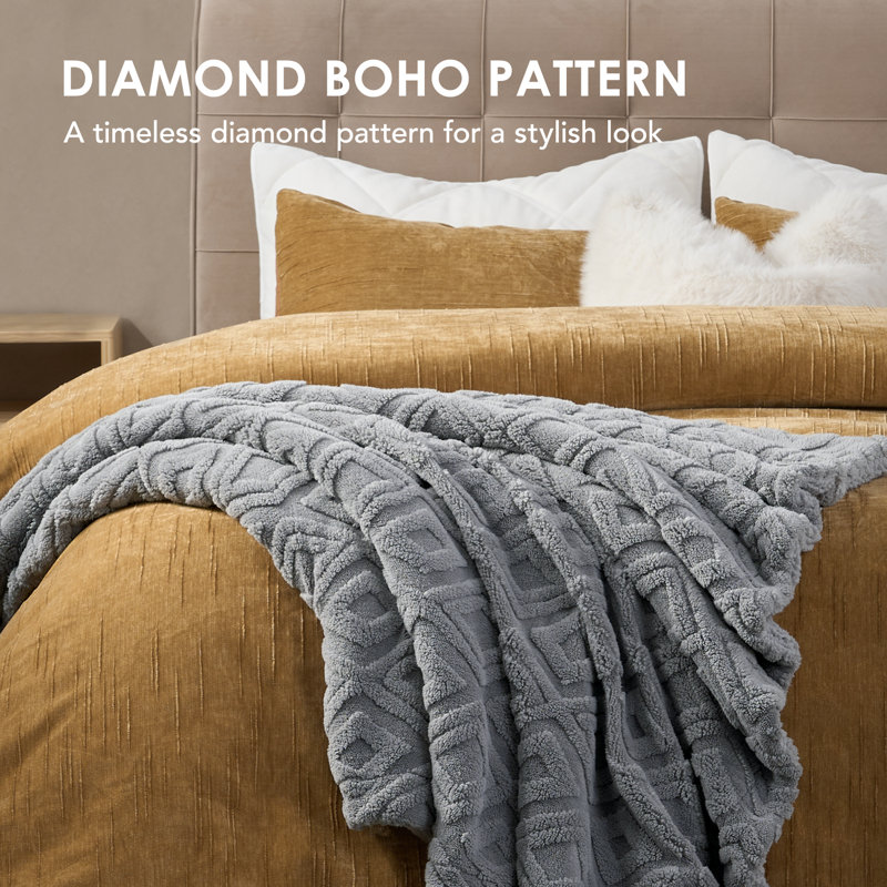 Jacquard Boho Weighted Throw Blanket - Super Soft Sherpa Fleece Blanket for Couch & Bed, Diamond Pattern Boho Throw Blankets