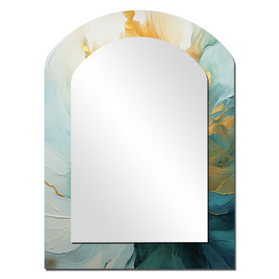 Or et harmonie Aurora bleu sarcelle - spirales abstraites, forme unique, miroir asymétrique doré grand, art imprimé en métal